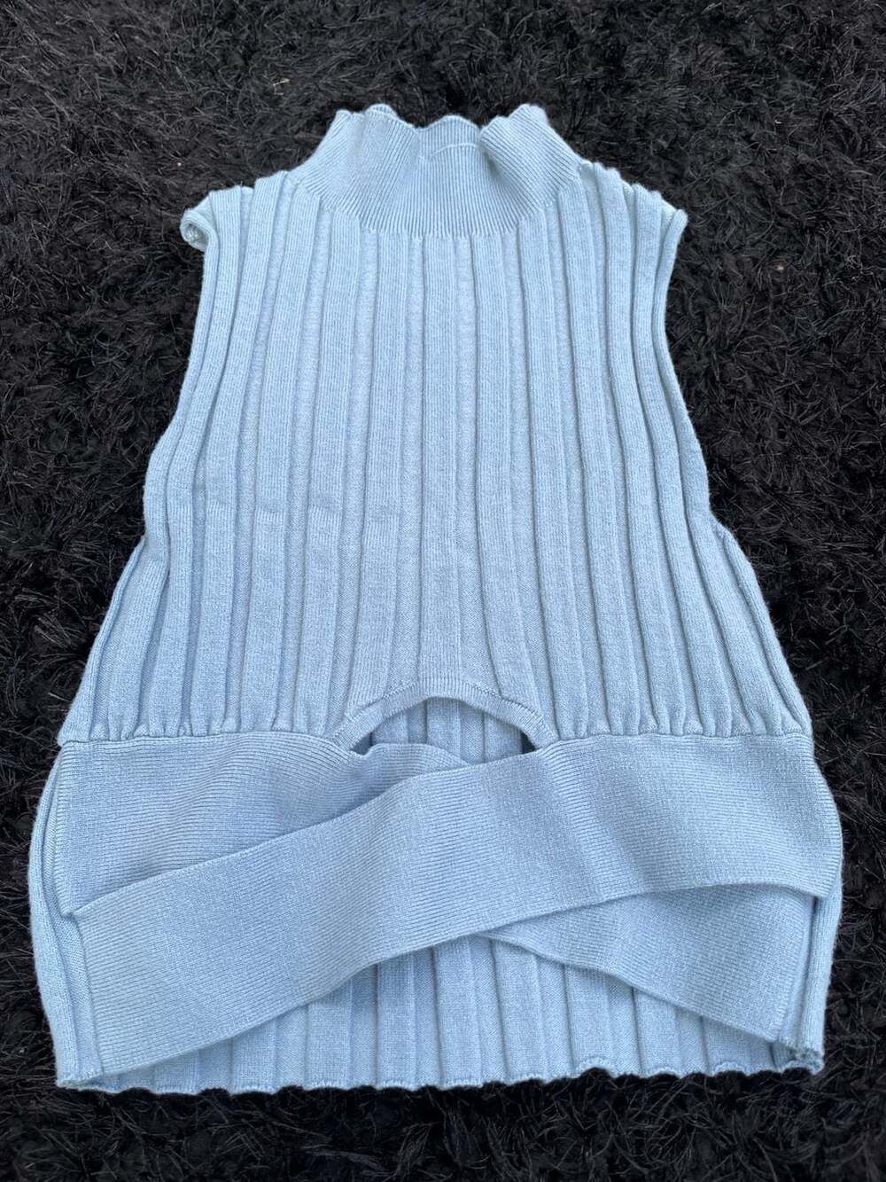 Ribbed Mock Neck Cutout Sleeveless Top Blue Size Small